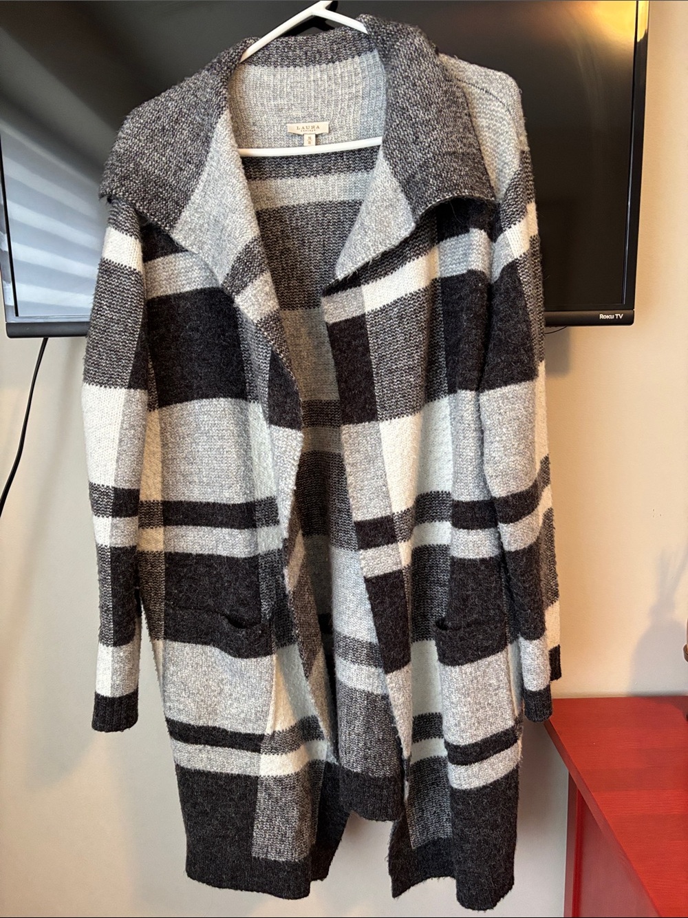 Open-Front Plaid Long Cardigan Sweater - Gray & Black